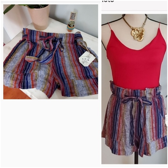 Linen Blend High Waisted Striped Paper Bag Shorts - Picture 6 of 8